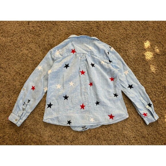 JOHN MARK 100% Linen Embroidered Navy Red White Stars Button Front Knot Boho S - Picture 2 of 9